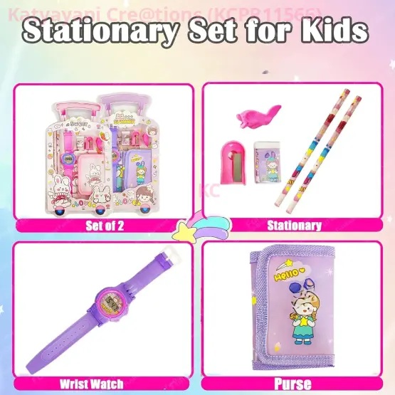 Kawaii Stationary Kit for Kids with Pencils, Small Purse with Wrist Watch, Sharpener for Kids, Erasers for Kids