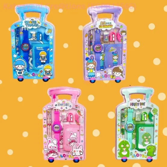 Kawaii Stationary Kit for Kids with Pencils, Small Purse with Wrist Watch, Sharpener for Kids, Erasers for Kids
