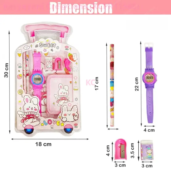 Kawaii Stationary Kit for Kids with Pencils, Small Purse with Wrist Watch, Sharpener for Kids, Erasers for Kids